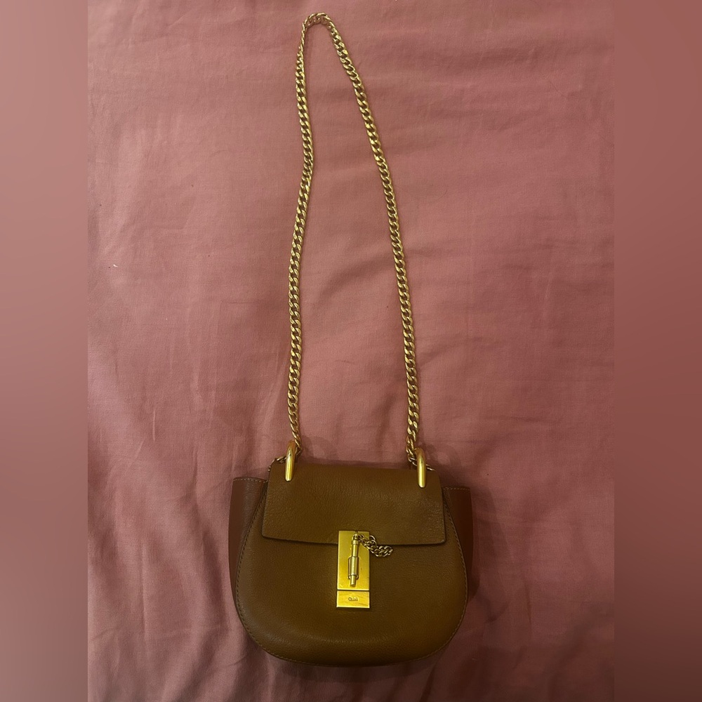 Chloe small Drew Brown Leather Shoulder Bag with Gold Chain